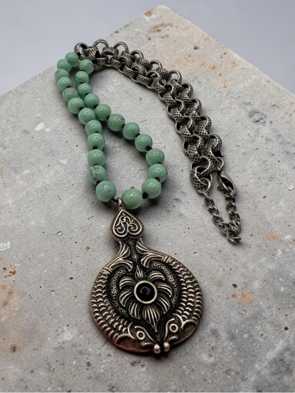 Boho Silver Tone Pendant Necklace with Beads